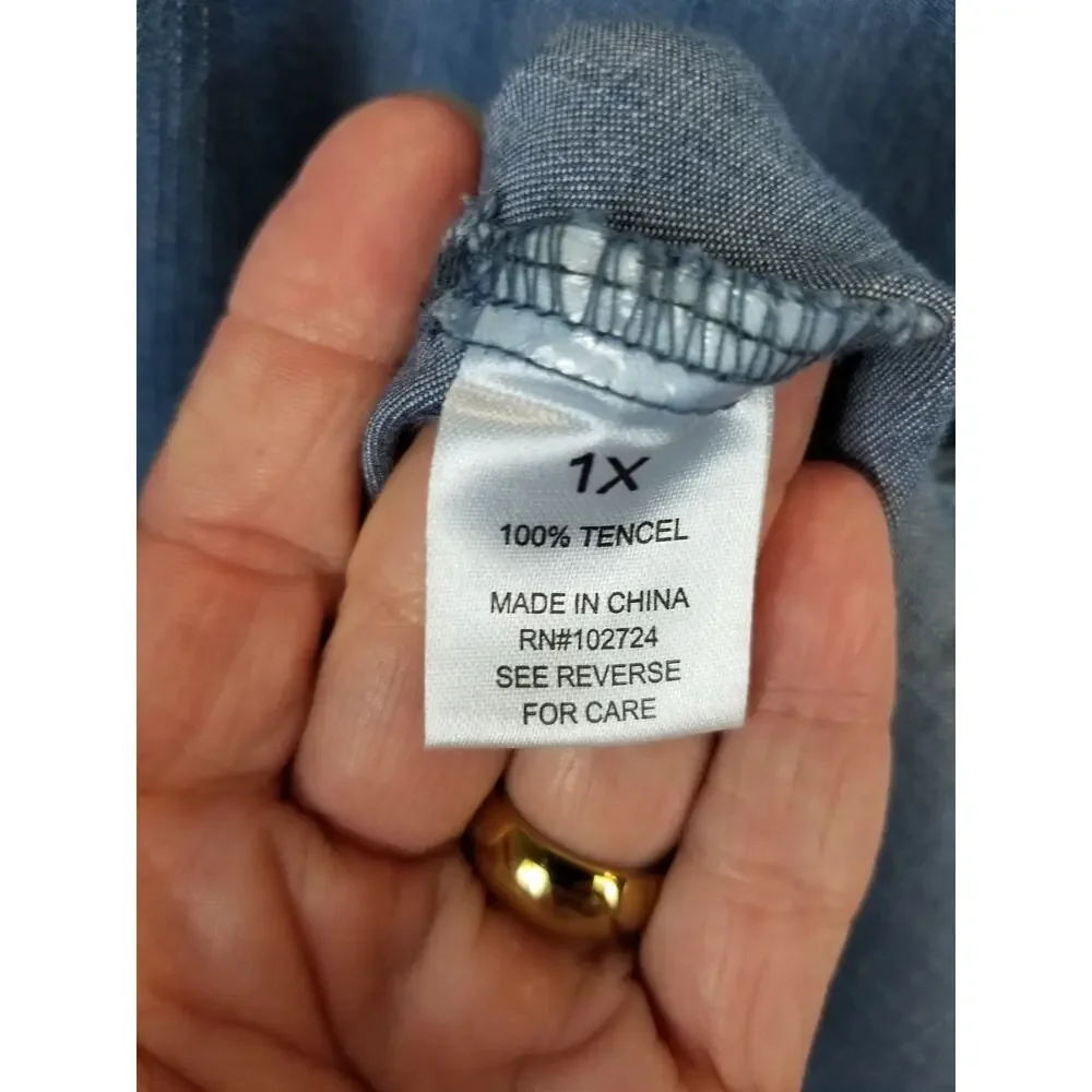 Hester & Orchard NWT 100% Tencel Chambray Blue V-Neck Button Up Shirt Tunic 1X - Picture 10 of 11